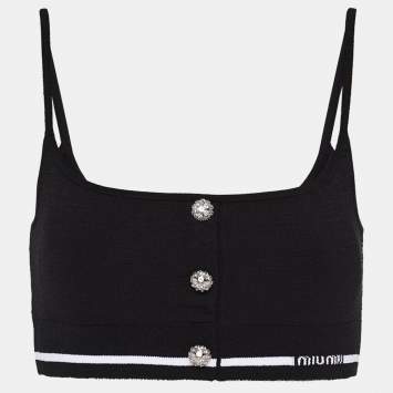 Pre Owned Miu Miu Black Crystal Embellished Button Stretch Knit Crop Top S