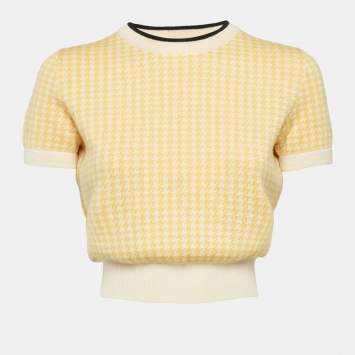 Pre Owned Miu Miu Yellow Houndstooth Knit Crew Neck Top S