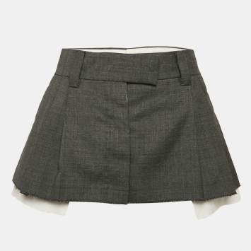 Pre Owned Miu Miu Grey Plaid Wool Raw Edge Detail Mini Skirt XS
