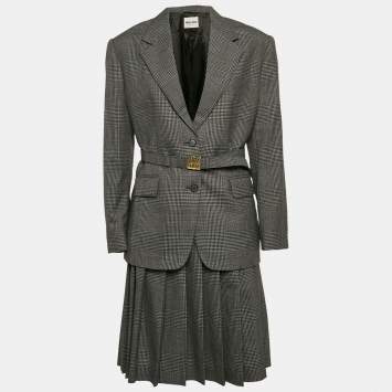Pre Owned Miu Miu Antracite Grey Prince Of Wales Check Wool Belted Blazer and Skirt Set XS/M