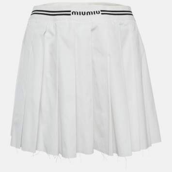 Pre Owned Miu Miu White Logo Intarsia Poplin Pleated Mini Skirt S