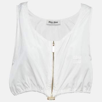 Pre Owned Miu Miu White Technical Silk Perforated Detail Crop Top XS