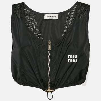 Pre Owned Miu Miu Black Technical Silk Perforated Detail Crop Top XS