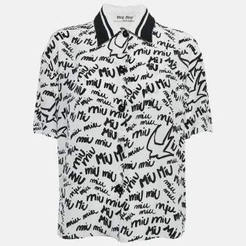 Pre Owned Miu Miu White/Black All Over print Silk Half Sleeve Shirt L