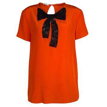 Pre Owned Miu Miu Orange Silk Contrast Lace Bow Detail Short Sleeve Top M