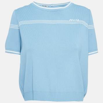 Pre Owned Miu Miu Blue Jersey Button Front Short Cardigan M