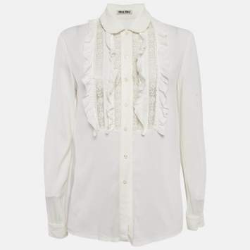 Pre Owned Miu Miu White Crepe Ruffled Lace Trim Detail Blouse S