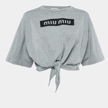 Pre Owned Miu Miu Grey Logo Print Cotton Knotted Crop Top M