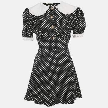 Pre Owned Miu Miu Black Polka Dots Print Satin Peter Pan Collar Mini Dress XS