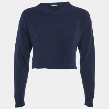 Pre Owned Miu Miu Navy Blue Wool V-Neck Crop Sweater S