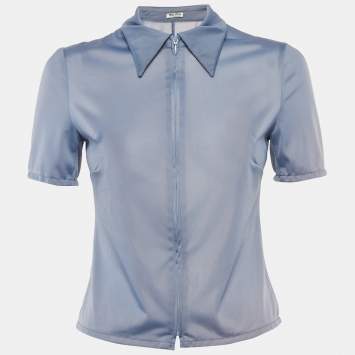 Pre Owned Miu Miu Blue Jersey Zip-Up Semi Sheer Shirt S
