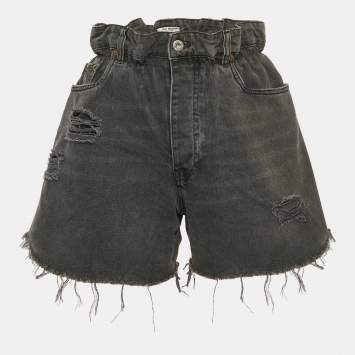 Pre Owned Miu Miu Black Washed Denim Elasticized Waist Shorts S Waist 27"