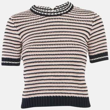 Pre Owned Miu Miu Blue/Pink Striped Crochet Short Sleeve Top S