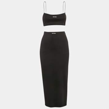 Pre Owned Miu Miu Black Jersey Crop Top And Skirt Set XS