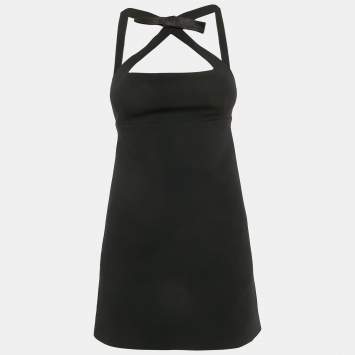 Pre Owned Miu Miu Black Stretch Crepe Bow Detail Open-Back Mini Dress XS