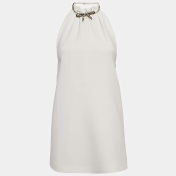 Pre Owned Miu Miu White Crystal Embellished Crepe Mini Dress S