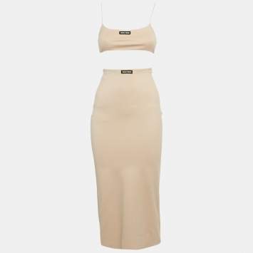 Pre Owned Miu Miu Beige Logo Applique Jersey Top and Skirt Set XS