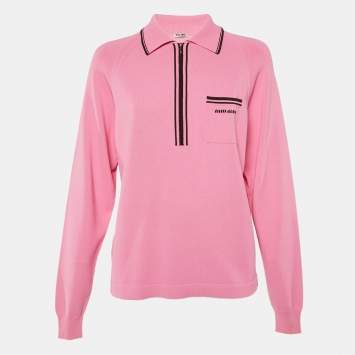 Pre Owned Miu Miu Pink Knit Logo Pocket Detail Polo Jumper S