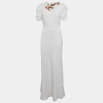 Pre Owned Miu Miu White Floral Embellished Crepe Ruched Sleeve Maxi Dress S