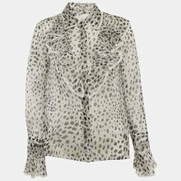 Pre Owned Miu Miu White Printed Silk Button Front Ruffled Blouse S