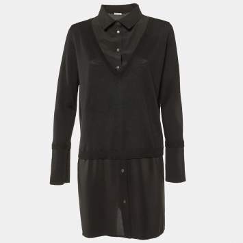 Pre Owned Miu Miu Black Wool Knit & Silk Long Sleeve Dress L