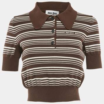 Pre Owned Miu Miu Brown Striped Cotton Knit Polo Crop T-Shirt S