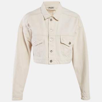 Pre Owned Miu Miu Off-White Distressed Denim Button Front Cropped Jacket XS