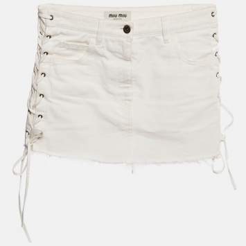 Pre Owned Miu Miu White Denim Lace-Up Mini Skirt XS