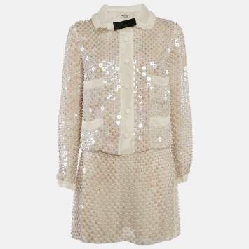 Pre Owned Miu Miu Off-White Embellished Silk Organza Mini Skirt and Top Set S
