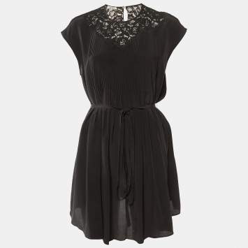 Pre Owned Miu Miu Black Silk & Lace Insert Pintuck Detail Mini Dress M