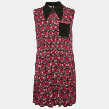 Pre Owned Miu Miu Red Floral Print Crepe Pleated Sleeveless Mini Dress M
