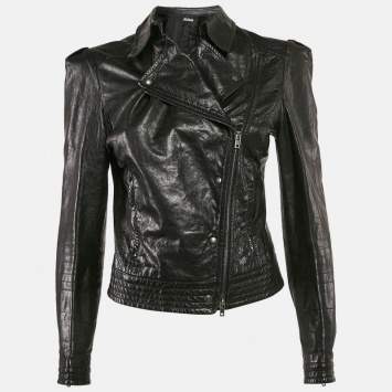 Pre Owned Miu Miu Black Leather Zip-Up Rider Jacket S