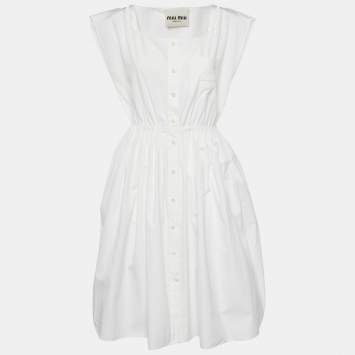 Pre Owned Miu Miu White Cotton Logo Pocket Detail Midi Dress XS