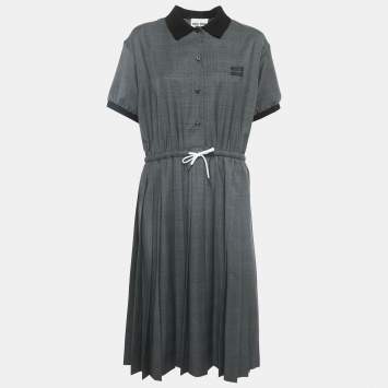 Pre Owned Miu Miu Grey Prince of Wales Check Wool Pleated Midi Dress M