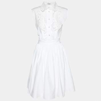 Miu Miu White Cotton Lace Details Midi Dress M