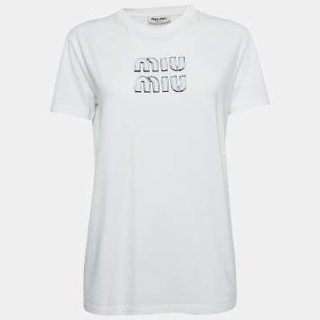 Pre Owned Miu Miu White Logo Applique Jersey T-Shirt M