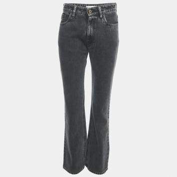 Pre Owned Miu Miu Charcoal Black Logo Applique Denim Straight Leg Jeans S Waist 26"