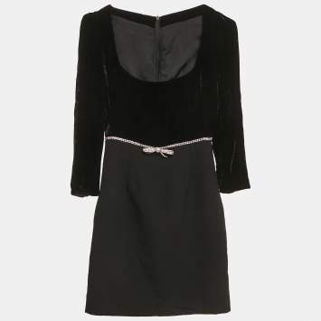 Miu Miu Black Velvet and Wool Crystal Bow Detail Mini Dress XS