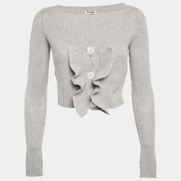 Pre Owned Miu Miu Grey Rib Knit Ruffled Crop Cardigan S