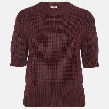 Pre Owned Miu Miu Burgundy Rib Knit Crewneck Sweater S
