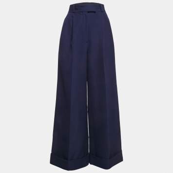 Pre Owned Miu Miu Blue Wool Drill Wide-Leg Pleated Trousers XS