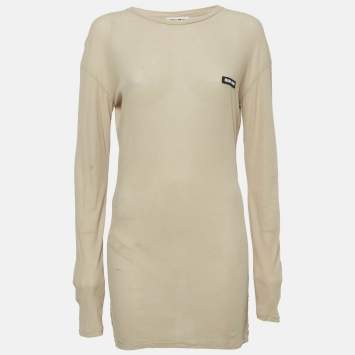 Miu Miu Beige Cotton Knit Logo-Patch Mini Dress XS