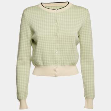 Pre Owned Miu Miu Green Houndstooth Wool Button Front Cardigan M
