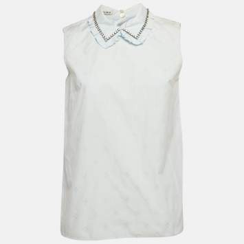 Pre Owned Miu Miu Blue Embroidered Cotton Ruffled Collar Sleeveless Shirt S