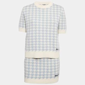 Pre Owned Miu Miu Blue Houndstooth Cashmere Top and Skirt Set S/XS