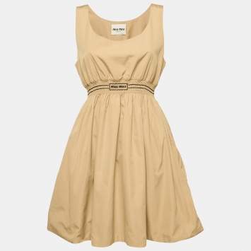 Pre Owned Miu Miu Dark Beige Smocked Sleeveless Mini Dress S