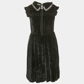 Miu Miu Black Embellished Velvet Ruffled Mini Dress S