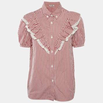 Miu Miu Red/White Cotton Gingham Ruffled Button Front Blouse M