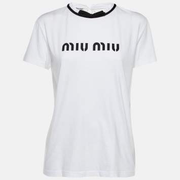 Pre Owned Miu Miu White Logo Print Cotton Bow Detail T-Shirt M