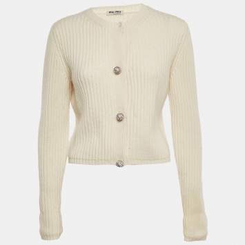 Pre Owned Miu Miu Cream Rib Knit Closure Detail Cardigan S